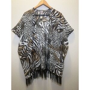 Chico's Kimono Top Leopard Tiger Brown Green Fringe Women's S/M‎ Sheer